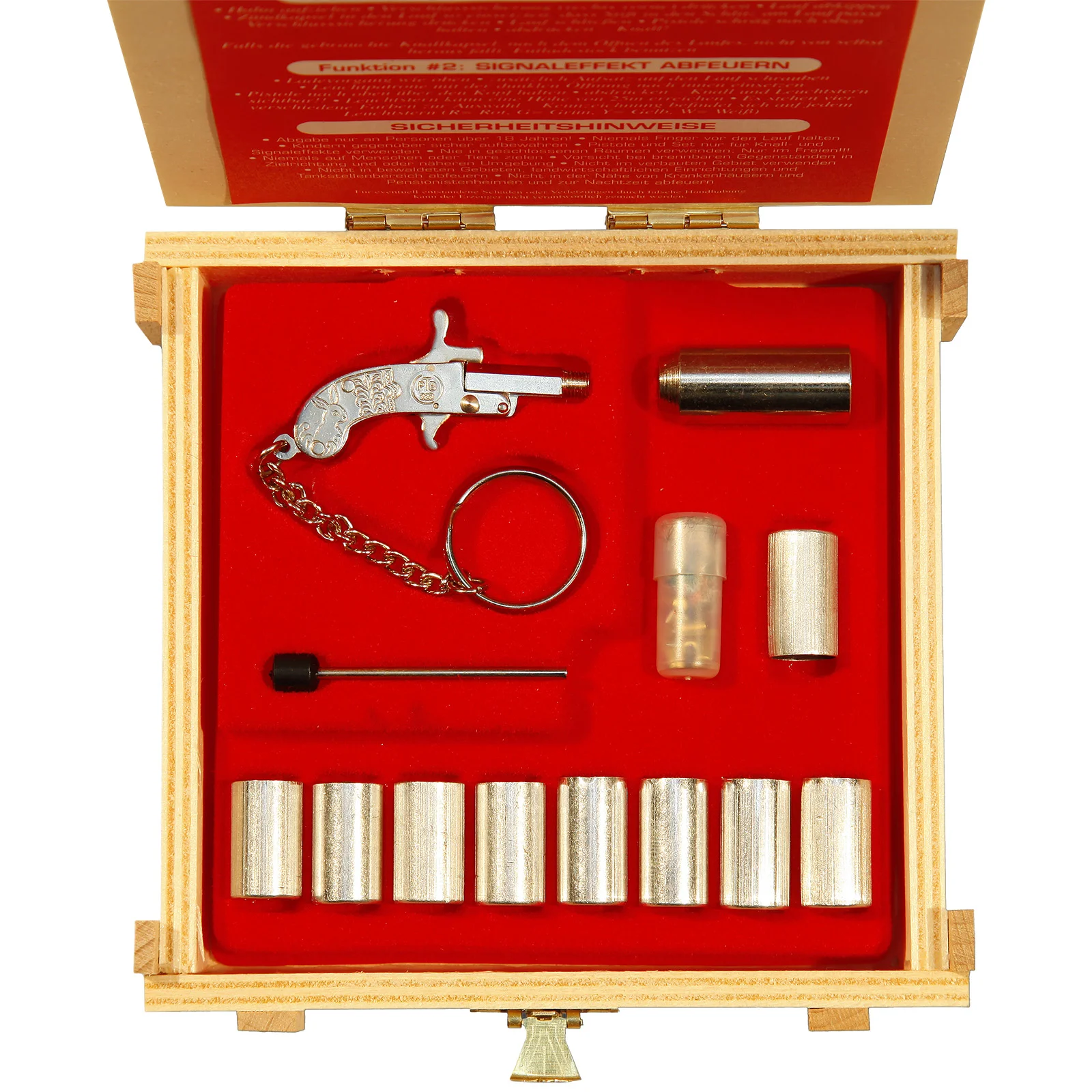 Original Pistölchen vergoldet in Holzkasette
