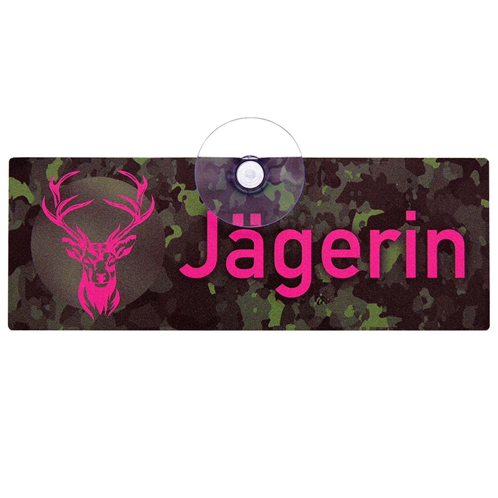 Schild mit Saugnapf "Jägerin" camo/pink