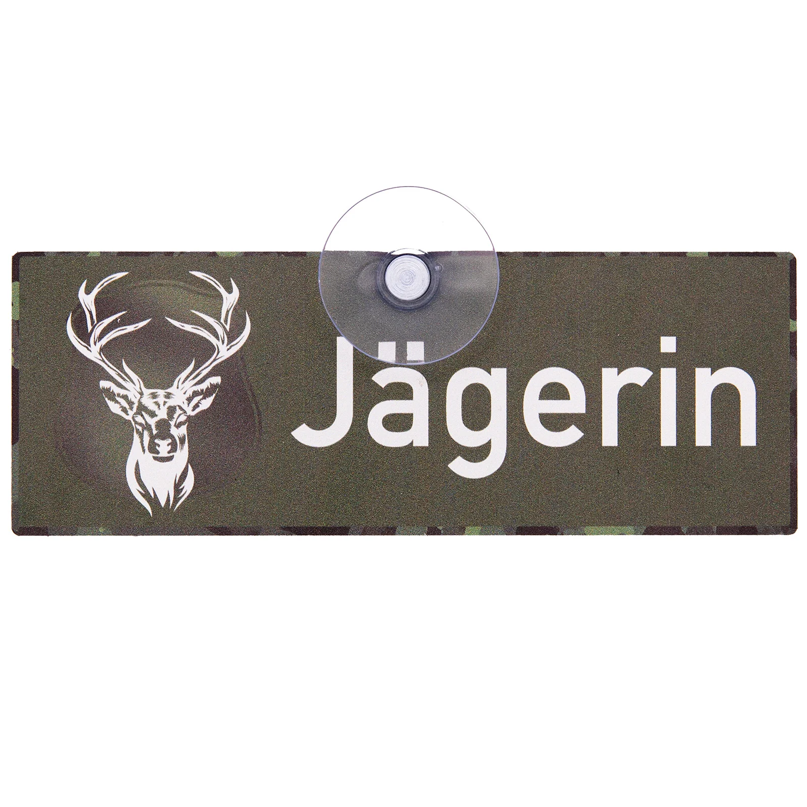 Schild mit Saugnapf "Jägerin" oliv/weiss
